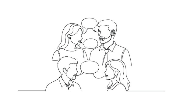 "Family Communication". Minimalistic one-line drawing group of people talking with connected speech lines, continuous single black line on white background,