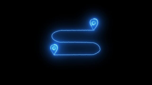 Collection of animated neon glowing icons and digital UI elements featuring navigation routes, repair tools, success checkmarks, and analog clock face.
