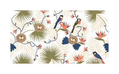 Obraz premium Tropical botanical elements with birds nests and eggs, seamless pattern, repeating pattern, surface design, textile print, soft color palette, modern