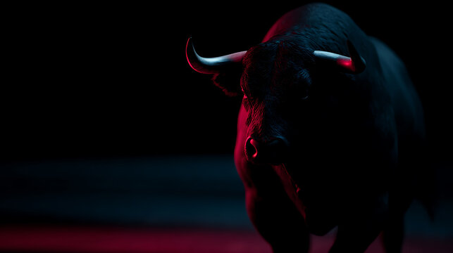 Powerful Bull Silhouette with Horns in Dark Dramatic Lighting, Intense Red and Blue Glow Highlight Strong Animal Presence on Black Background