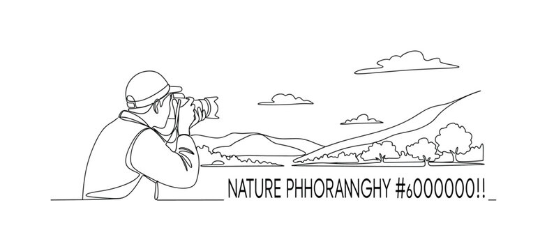 NATURE PHOTOGRAPHY SCENE. Minimalistic one-line drawing a photographer aiming a camera toward landscape elements under open sky, continuous single black line
