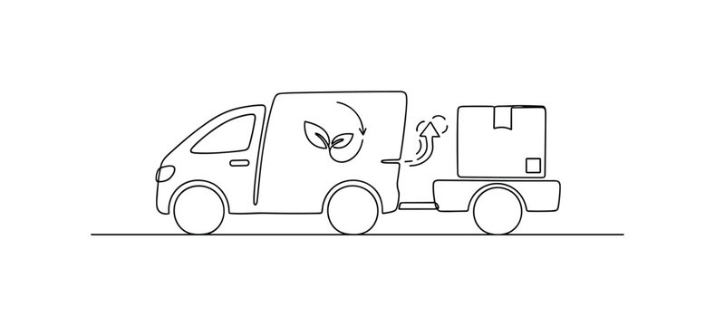 SUSTAINABLE DELIVERY. Minimalistic one-line drawing a delivery vehicle with minimal emissions symbol and package transport, continuous single black line on