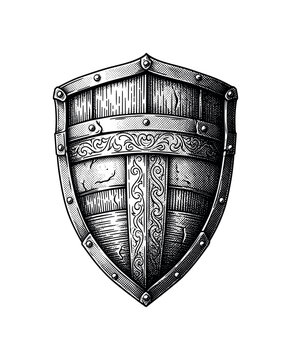 A vintage medieval shield with layered engraved patterns and worn decorative texture across the surface, symmetrical composition, black and white halftone