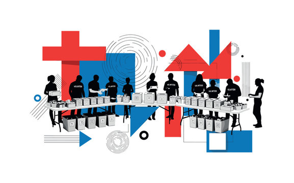 charity event setup with organized tables, boxes, and volunteers, black and white objects with layered depth, bold red and blue geometric blocks structuring