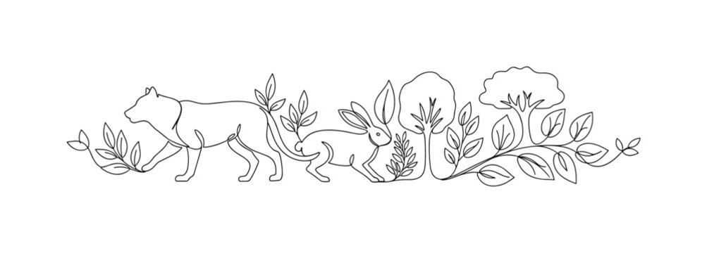 "Environmental Interconnection". Minimalistic one-line drawing predator, prey, and vegetation elements in balanced arrangement, continuous single black line on