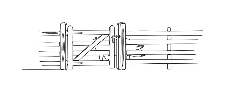 PIG PEN ACCESS. Minimalistic one-line drawing a gate slightly open with a hint of a pig inside the enclosure, continuous single black line on white background,