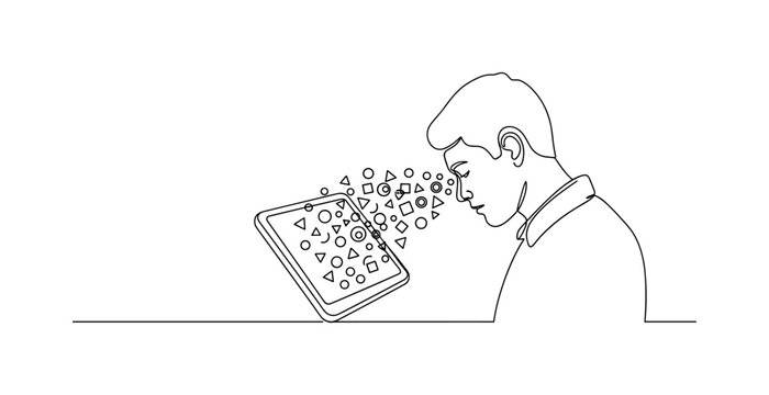 PERSONALIZED AD TARGETING. Minimalistic one-line drawing a user viewing a device with tailored content flowing toward them, continuous single black line on