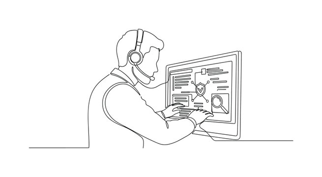 "White Hat Security". Minimalistic one-line drawing person with headset reviewing code and security vulnerabilities, continuous single black line on white