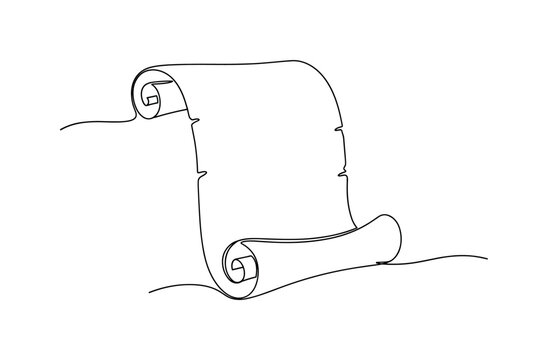 ANCIENT MANUSCRIPT. Minimalistic one-line drawing a rolled parchment scroll partially opened with flowing edges, continuous single black line on