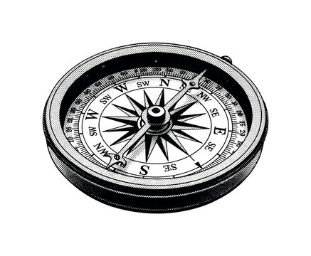 An antique nautical compass with finely engraved markings and ornate directional needle, symbolic navigation object, black and white halftone illustration,