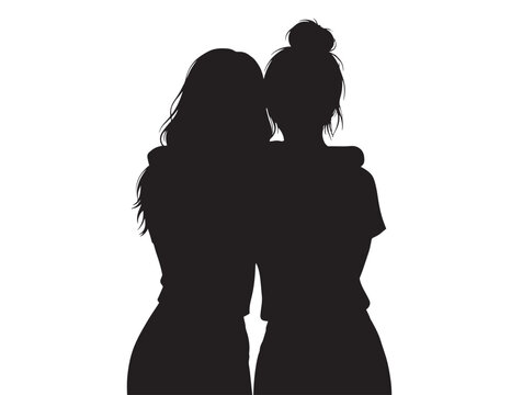 Best friends forever, two women embracing in a loving hug, friendship and sisterhood silhouette vector, emotional bond and support concept