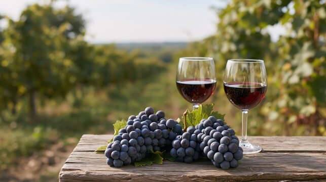 Close up of wine tasting setup featuring crystal stemware and fresh grape clusters during golden hour in a valley.