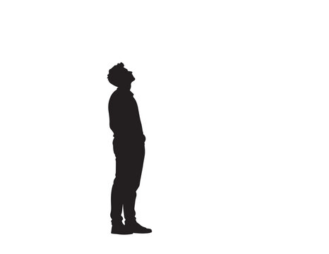 Black silhouette of a man looking up, a contemplative and hopeful male figure, isolated vector graphic for design projects, advertising, and conceptual themes