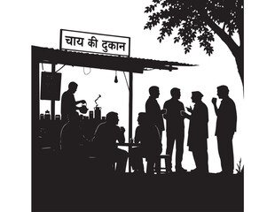 Indian tea stall vector illustration, traditional chai shop scene, street food vendor, people gathering for chai, black and white silhouette graphic resource for cultural and travel themes © Prodeep