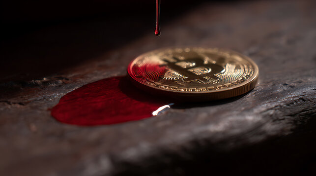 Gold Digital Coin with Red Liquid Spill and Dripping Substance: A Metaphor for Volatility, Risk, and Market Fluctuations in Finance