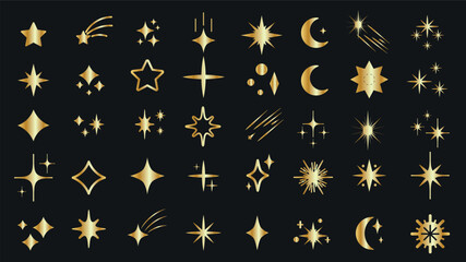 Gold star shapes elements set design. Collection with shiny bright glow symbols, glistering light sparkles, magic twinkle stardust, premium logotype, glossy award or winner signs. Vector illustration. © alexdndz
