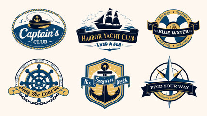 Fototapeta premium Nautical labels elements set design. Collection with sailing emblems with captain club, harbor yacht club, blue water sea crew, seafarer mark and other maritime badge templates. Vector illustration.