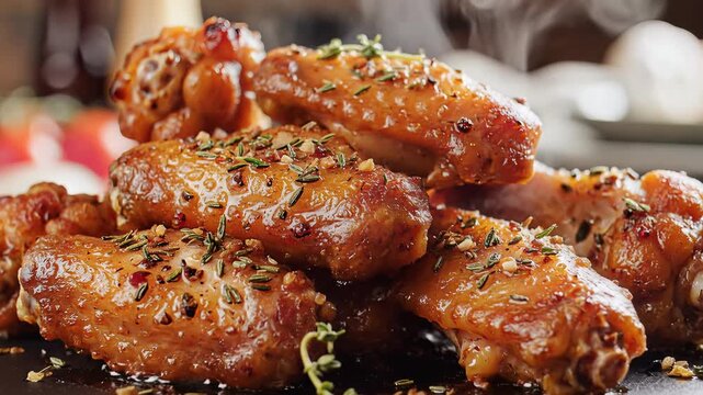 Deliciously seasoned chicken wings piled high on a dark slate plate.