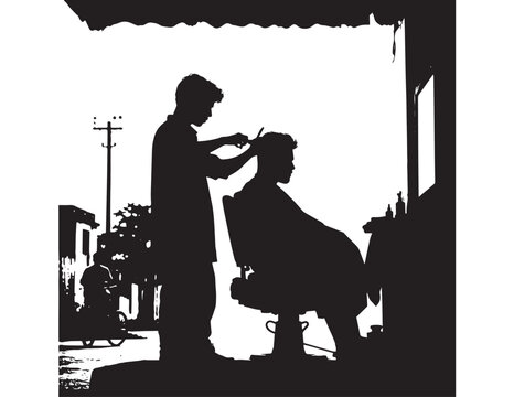 Traditional barbershop scene, a classic silhouette vector illustration of a barber cutting hair, vintage street vendor style, black and white graphic for cultural and lifestyle designs.