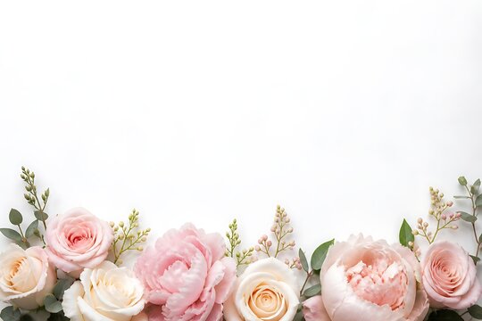 Pink roses arranged in a horizontal bouquet with soft green foliage on white background