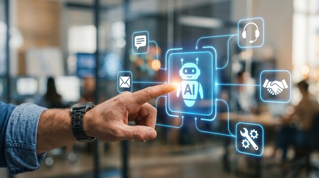 Businessman interacting with artificial intelligence bot interface