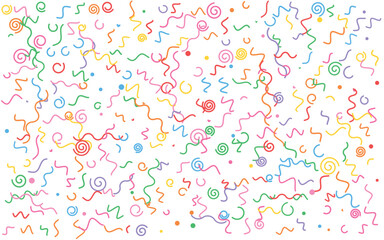 Obraz premium Colorful confetti streamers vector background, festive party swirls and wavy lines pattern, vibrant celebration sprinkles on white backdrop