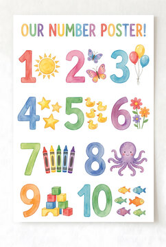 Colorful number poster showing numbers from one to ten with various images and designs including animals and objects for early learning