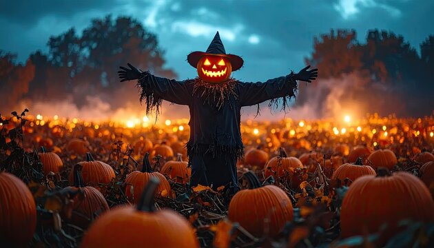 Halloween scarecrow with carved pumpkin head stands in pumpkin patch