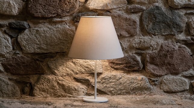 Contemporary designer light fixture illuminating an ancient masonry surface with dramatic shadows.
