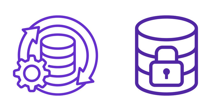 Database icons: data processing and security isolated on transparent background