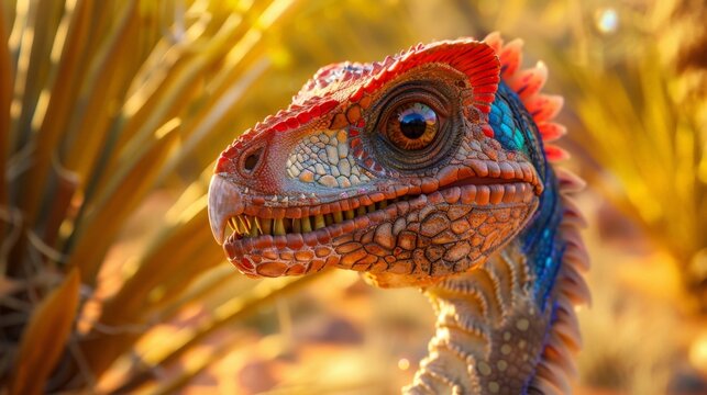 Vibrant dromeosaur with textured scales and glowing eyes. Fiery red crest contrasts with blue accents along its neck. Sunlight bathes the scene in warm, golden hues. Background features blurred