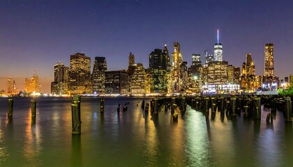 Fototapeta premium Illuminated City Skyline Reflecting on Waterfront at Night