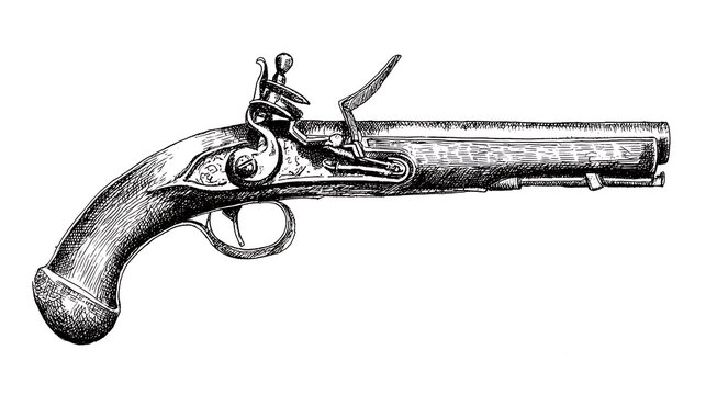 Vintage Flintlock Pistol Illustration: An Antique Handgun with Ornate Details and Historical Charm Perfect for Design and Educational Projects
