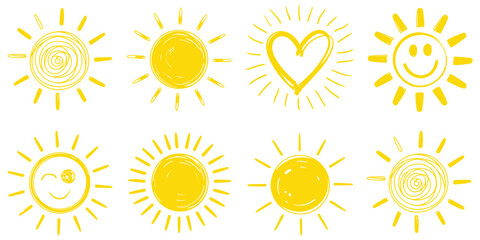 Drawn sun icons hand sketched vector symbols with doodle sunshine elements radiant solar shapes and minimal weather illustration design © HYPER