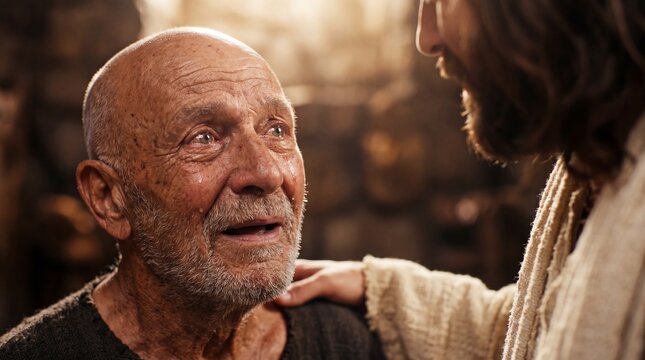 Cinematic biblical scene of an elderly man looking up in emotional wonder and amazement during a miracle vision as jesus christ comforts him with a gentle hand on his shoulder in warm light