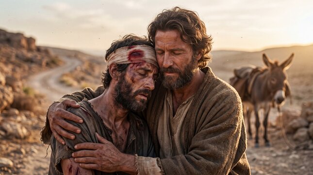 Emotional biblical parable of the Good Samaritan embracing and comforting a wounded injured traveler on a dusty road at sunset with a donkey waiting in the background symbolizing compassion mercy 
