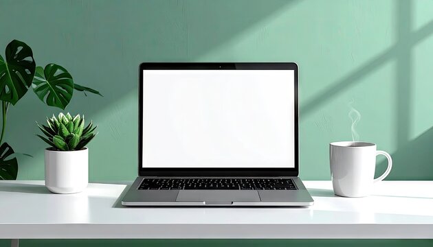 Laptop and plant on a white desk with shadows against a light green wall