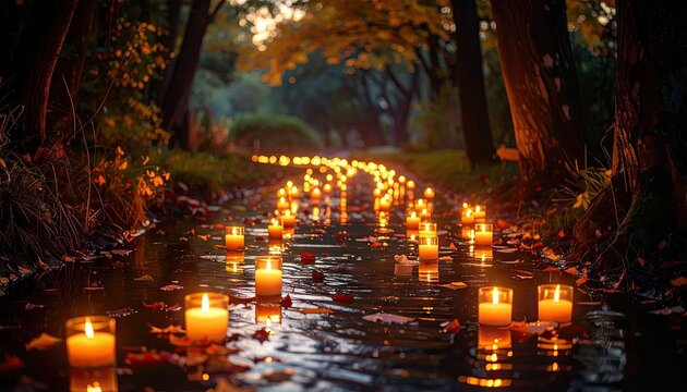 Lit candles along a forest path at dusk creating a glowing ambiance