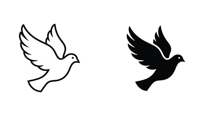 Fototapeta premium Flying dove bird icon set in outline and solid black silhouette styles for peaceful design concepts and religious emblems isolated on white background