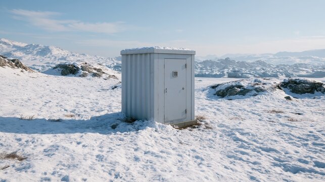Weatherproof electrical enclosure standing in snow covered terrain under cold winter light.