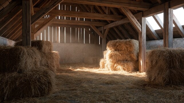 Rustic barn interior featuring stacked hay bales glowing in soft sunlight with visible floating dust particles.