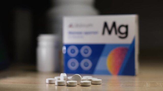 Close-up of magnesium supplement tablets on a table