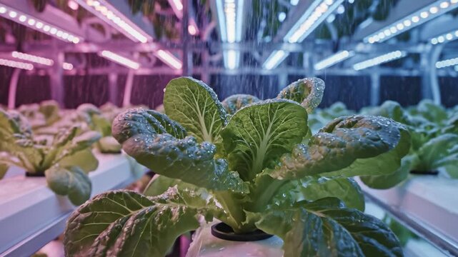 Vertical farm lettuce hydroponic plant green leaf indoor agriculture fresh vegetable growth water droplet LED light cultivation produce, indoor hydroponic farm with leafy green plant rows pink