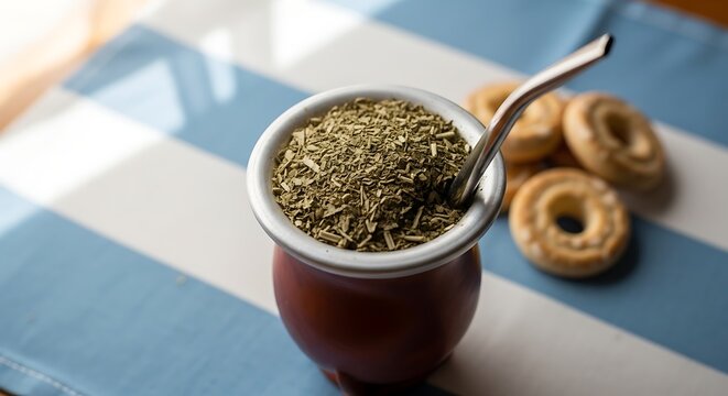 Traditional Yerba Mate Cup with Metal Straw on Striped Table Beside Cookies