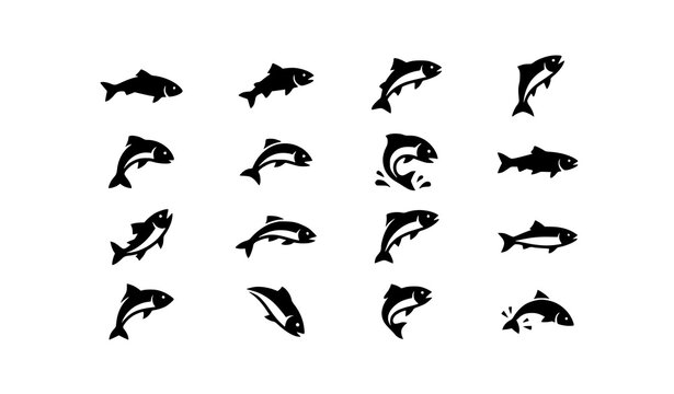 Minimal jumping fish silhouette icon set with clean geometric aquatic shapes isolated on white background