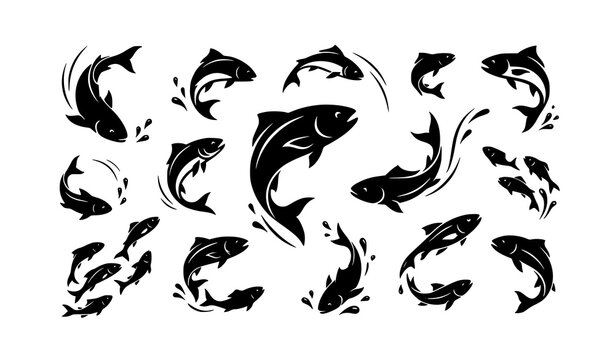 Dynamic fish jumping silhouette collection with flowing aquatic motion shapes isolated on white background