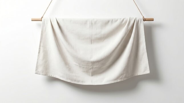 White towel hanging on a wooden dowel against a wall