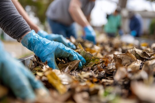 Volunteers Wearing Gloves Sorting Leaves During Outdoor Community Cleanup