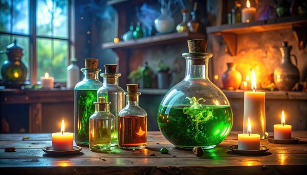 Magical potion bottles and candles on a wooden table in a mystical setting