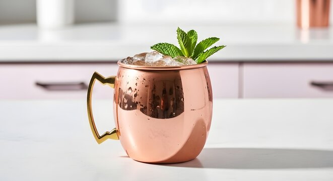 Moscow mule cocktail in a copper mug with ice and mint garnish